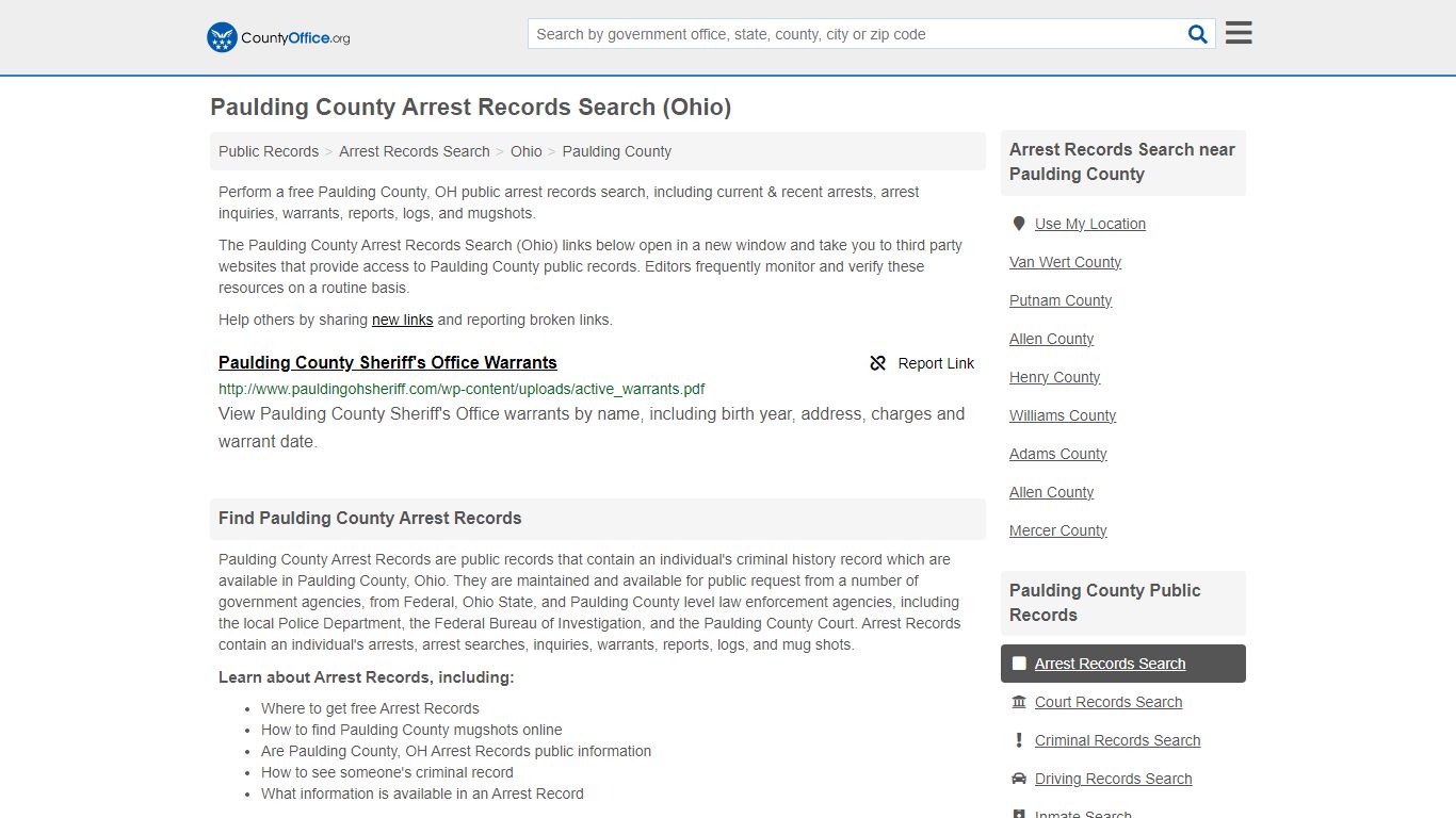 Paulding County Arrest Records Search (Ohio) - County Office